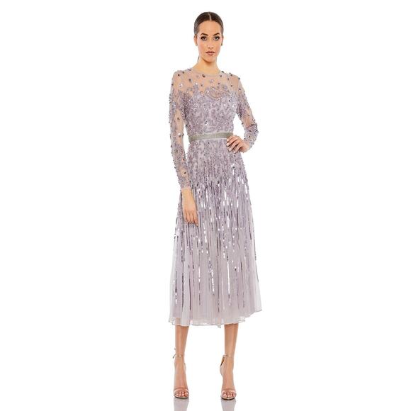 Mac Duggal Mesh Sequin Long Sleeve Belted Tea Dress Vintage Lilac Size 18 NWT - Picture 2 of 13